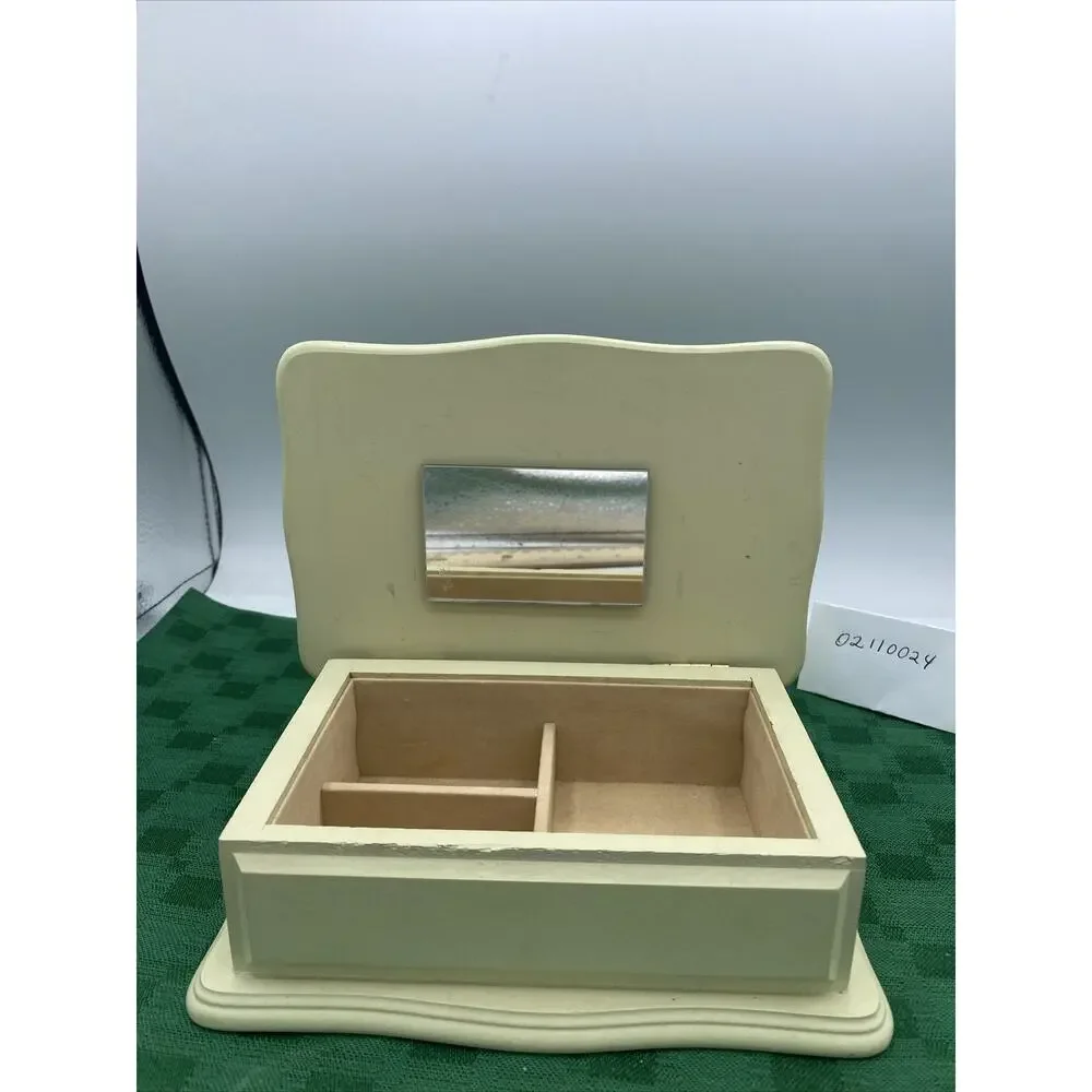 Yellow Wooden Jewelry Box W/Love Ducks On Top/Mirror & 3 Sections 7”x 5”x2.5